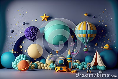 Cosmos Fantasy dream backdrop, anniversary, smash cake blue color Stock Photo