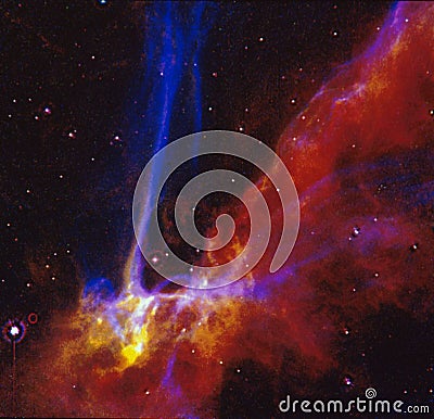 Cosmos, red space flare and stars in universe with light explosion, pattern and color glow solar system. Galaxy Stock Photo