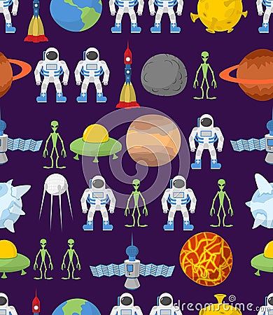 Cosmos seamless background, ornament. Spacecraft rockets and UFO Vector Illustration