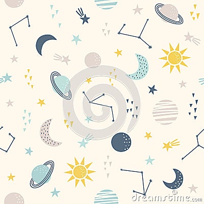 Cosmos. Seamless childish pattern with sun, moon, planets and star Vector Illustration