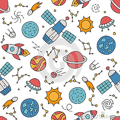 Cosmos. Seamless pattern in doodle and cartoon style. Color. Vector Illustration