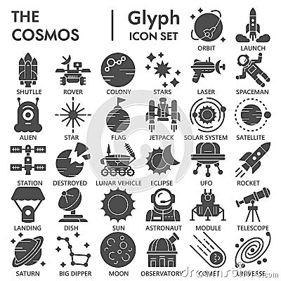 Cosmos solid icon set, universe symbols collection or sketches. Space glyph style signs for web and app. Vector graphics Vector Illustration