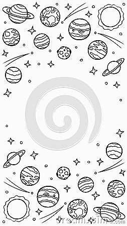 Cosmos template for stories, empty space for text. Hand-drawn doodle stars and planets of the solar system. Vertical format, Cartoon Illustration