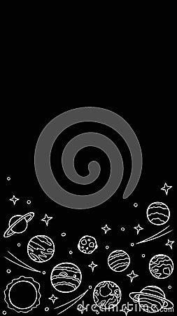 Cosmos template for stories, empty space for text. Hand-drawn doodle stars and planets of the solar system, white line art on Cartoon Illustration