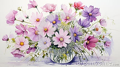 Cosmos In A Vase: A Watercolor Painting Inspired By Mandy Disher Stock Photo