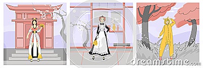 Cosplay Anime Composition Set Vector Illustration