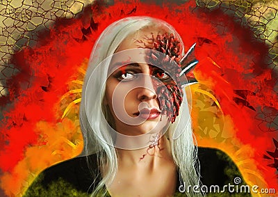 Cosplay on Daenerys Targaryen in white colored lenses with dragon skin against a fire Stock Photo