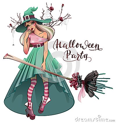 Cosplay fashionable dress for Halloween party. Beautiful young woman witch with broom Vector Illustration