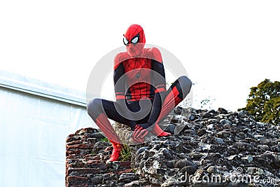 Cosplay to the Lucca Comics disguised as Spiderman posing over a wall Editorial Stock Photo