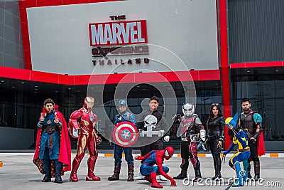 Cosplayer group are act in front of the Marvel Experience Thailand at Megabangna, Samut Prakan, Thailand. Editorial Stock Photo