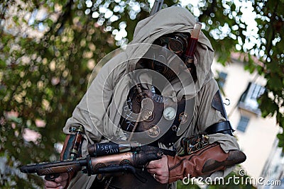 Cosplayers dressed as Steampunk Post Apocalyptic Warrior at the Lucca Comics and Games 2022 cosplay event. Editorial Stock Photo