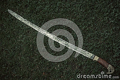 Cossack saber with a wooden handle on the green grass, cold weapon of the Russian army Stock Photo