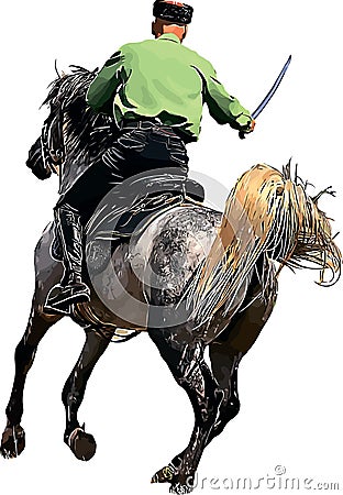 Cossacks with sabers perform tricks on racehorses Vector Illustration