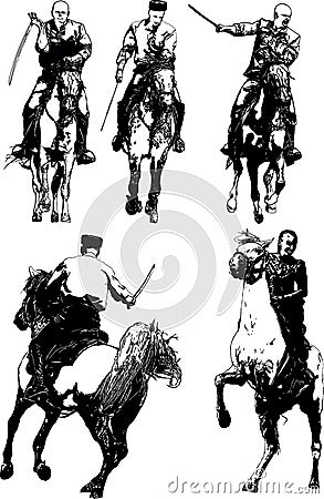 Cossacks with sabers perform tricks on racehorses Vector Illustration