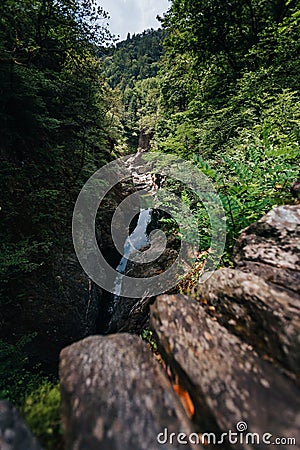 View of the waterfalls `The paradise of dogs ` from the stone bridge Roman bridge, surrounded by nature Editorial Stock Photo