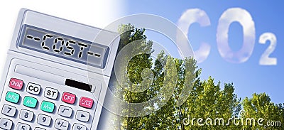 Cost about CO2 reduction - concept image with CO2 text against woodland and calculator Stock Photo