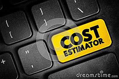 Cost estimator - collect and analyze data in order to assess the time, money, materials, text concept button on keyboard Stock Photo