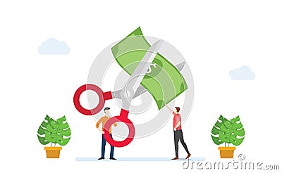 Cost reduction or cutting budget finance concept with scissors and people cut money with modern flat style Vector Illustration