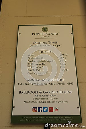 Cost and timing details at the entrance of Powerscourt Estate, County Wicklow - Ireland nature tours - No. 3 garden in world Editorial Stock Photo