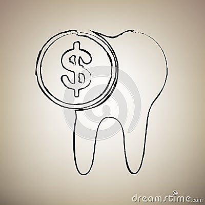 The cost of tooth treatment sign. Vector. Brush drawed black icon at light brown background. Illustration. Vector Illustration