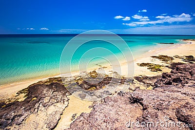 Costa Calma sandy beach with vulcanic mountains in the background, Jandia, Fuerteventura island, Canary Islands, Spain. Stock Photo