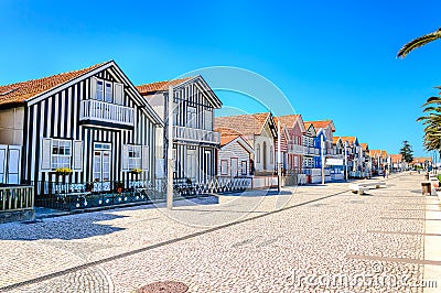 Costa Nova, Portugal: colorful striped houses in a beach village Stock Photo