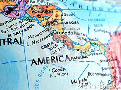 Costa Rica Central America focus macro shot on globe map for travel blogs, social media, website banners and backgrounds. Stock Photo