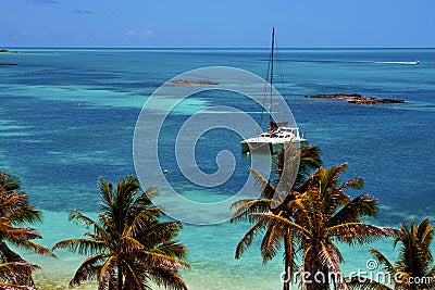 Costline boat catamaran in the blue lagoon relax contoy mex Stock Photo