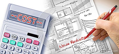 Costs about noise reduction in buildings structures with engineer writing formulas - noise pollution concept with calculator Stock Photo