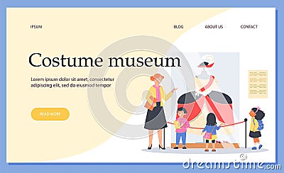 Costume museum web banner with children on excursion, flat vector illustration. Vector Illustration