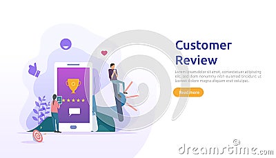 Costumer review rating concept. people character giving feedback evaluation. satisfaction level and critic support with smartphone Vector Illustration