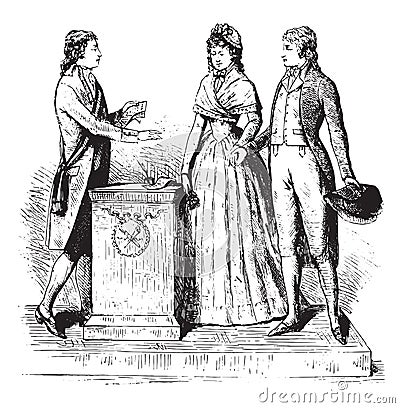 Costumes of 1793. A Marriage. On after a stamp of time, vintage engraving Vector Illustration