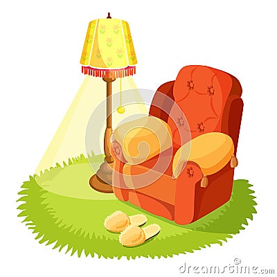 Cosy armchair with cushions, yellow, round grass textile rug Vector Illustration