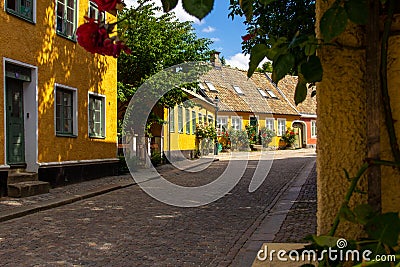 A cosy cobblestoned street in the old parts of the university town of Lund, Sweden. The yellow houses are decorated with lots of Editorial Stock Photo