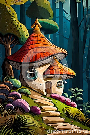 Cosy fairytale mushroom house in the dark forest Cartoon Illustration