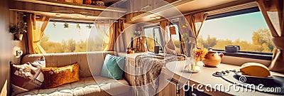 Cosy Interior of motor home camping car, furnishing decor of salon area, comfortable modern caravan house Stock Photo