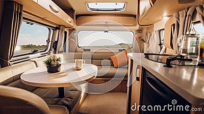 Cosy Interior of motor home camping car, furnishing decor of salon area, comfortable modern caravan house Stock Photo