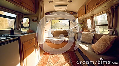 Cosy Interior of motor home camping car, furnishing decor of salon area, comfortable modern caravan house Stock Photo