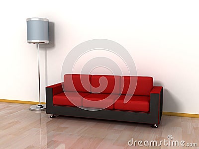 Cosy red couch sofa and floor lamp by the wall Stock Photo