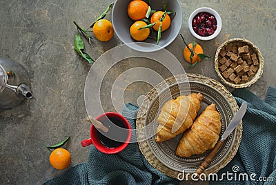 Breakfast with coffee and croissants background Stock Photo