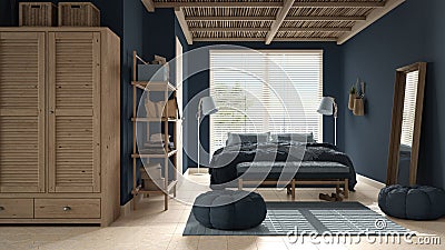 Cosy wooden peaceful bedroom in blue tones, double bed with pillows and blankets, ceramic tiles floor, carpet, poufs, mirror and Stock Photo