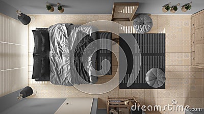 Cosy wooden peaceful bedroom in gray tones, bed with pillows and blankets, ceramic tiles, carpet, poufs, window with venetian Stock Photo