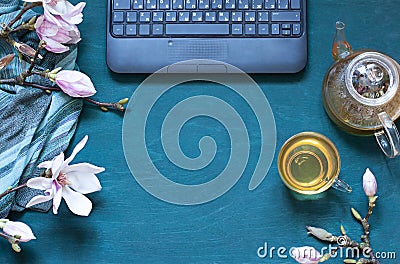 Cosy work space flat lay with magnolia flowers, laptop and green tea, Top view spring composition. Stock Photo