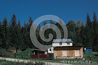 Cotage and the beautiful scenic forests on sky background in Carpathian Mountains, Ukraine Stock Photo