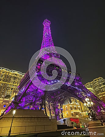 Cotai Macau Parisian Hotel Casino Macao Eiffel Tower Lighting Design Leds Ambience Photo Night Scenery Colorful Atmosphere Editorial Stock Photo