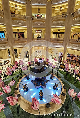 Cotai Macau Parisian Hotel Interior Design Macao Giant Tulips Flower Deco Spring Casino Indoor Fountain Romantic French Lifestyle Editorial Stock Photo