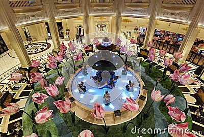 Cotai Macau Parisian Hotel Interior Design Macao Giant Tulips Flower Deco Spring Casino Indoor Fountain Romantic French Lifestyle Editorial Stock Photo