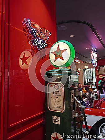 Cotai Macau Studio City Joyride American Diner Restaurant Burger Snack Props Decoration Entertainment Retro Gas Pump Station Editorial Stock Photo