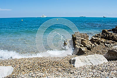 Cote d`Azur, sea and ships away at sunny day Stock Photo