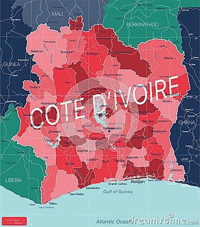 Cote d Ivoire country detailed editable map Vector Illustration